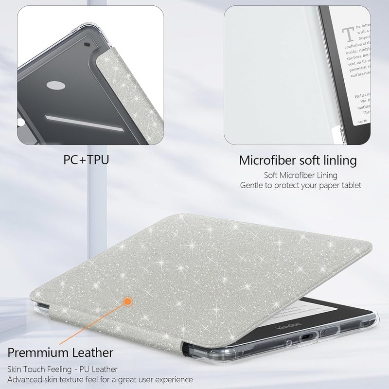 E NET-CASE Case for 7 inch eBook Readers 2024 Released,Clear Back Shell Durable PU Leather Cover with Auto Sleep Wake,White - Image 3